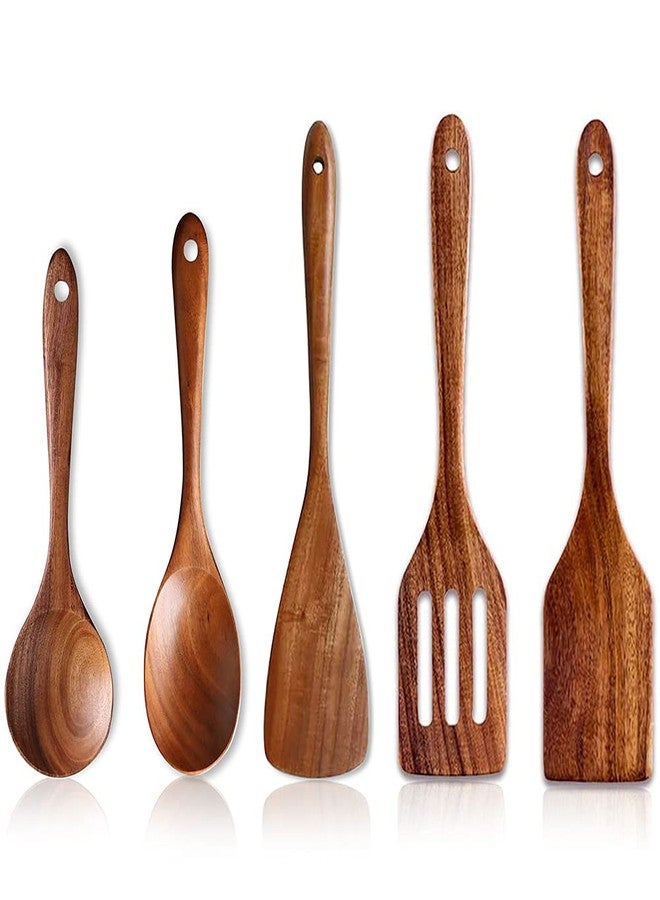 Renawe 5 Pcs Best Wooden Spoons for Cooking Kitchen Utensils Set Acacia Wood Cooking Spatula Turner Non Toxic Utensil Slotted Serving Spoon Flat Spatulas Set Wooden Utensis Mixing Cooking Spoon Kitchen Tools - Image 1