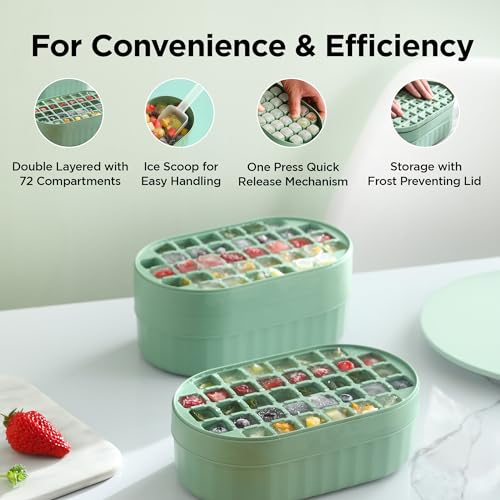 UMAI 2 Layer Ice Cube Trays with Storage Box & Ice Scoop | 72 Compartments | One Press Demolding | Ice Cubes for Whiskey Cocktails Mocktails Soft Drinks | BPA Free (Green) - Image 3