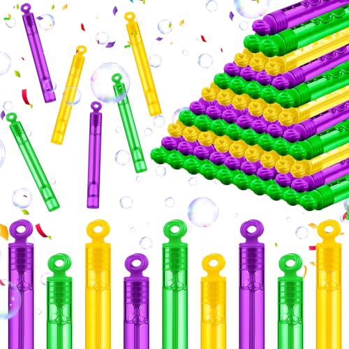 Lunmon 120 Pieces Mardi Gras Party Favors Mini Bubble Wands Bulk Mardi Gras Mix Bulk Toys Gift for Kids Adults 4 Inch Mardi Gras Bubble Wands Carnival Birthday Decorations School Classroom Prizes - Image 1