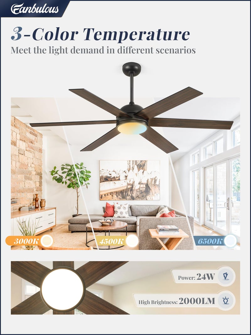Fanbulous 58 Inch Ceiling Fans with Lights and Remote, Black Indoor/Outdoor Ceiling Fan with Quiet Reversible DC Motor, 6 Speeds, 3CCT, 6 Blades Large Ceiling Fan for Living Room Bedroom Patio - Image 3