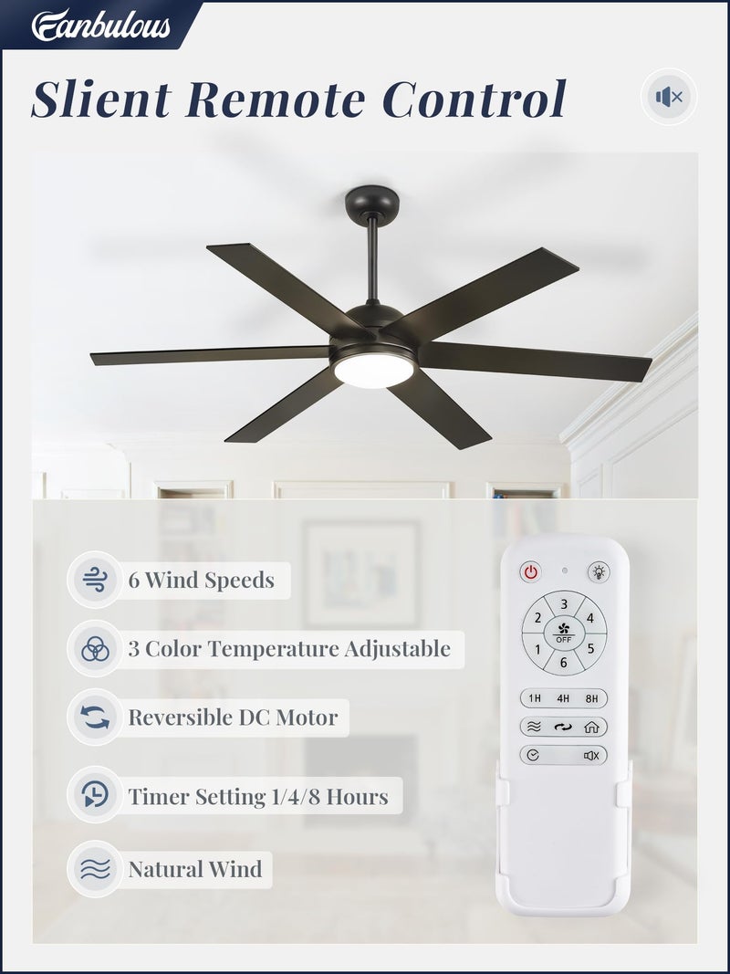 Fanbulous 58 Inch Ceiling Fans with Lights and Remote, Black Indoor/Outdoor Ceiling Fan with Quiet Reversible DC Motor, 6 Speeds, 3CCT, 6 Blades Large Ceiling Fan for Living Room Bedroom Patio - Image 2