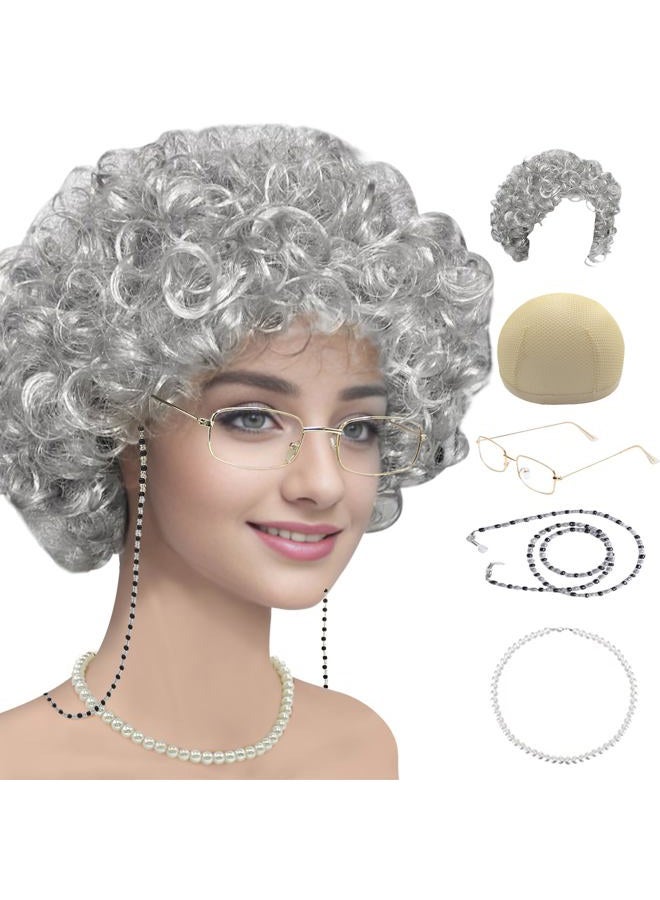 Cupohus Old Lady Costume Set Grandma Wig 100 Days of School Costume Madea Granny Glasses Eyeglass Chains Cords Faux Pearl Bead Necklace Old Lady Cosplay Set 5 Pieces (Silver White Afro) - Image 1