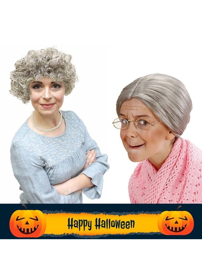 Cupohus Old Lady Costume Set Grandma Wig 100 Days of School Costume Madea Granny Glasses Eyeglass Chains Cords Faux Pearl Bead Necklace Old Lady Cosplay Set 5 Pieces (Silver White Afro) - Image 4