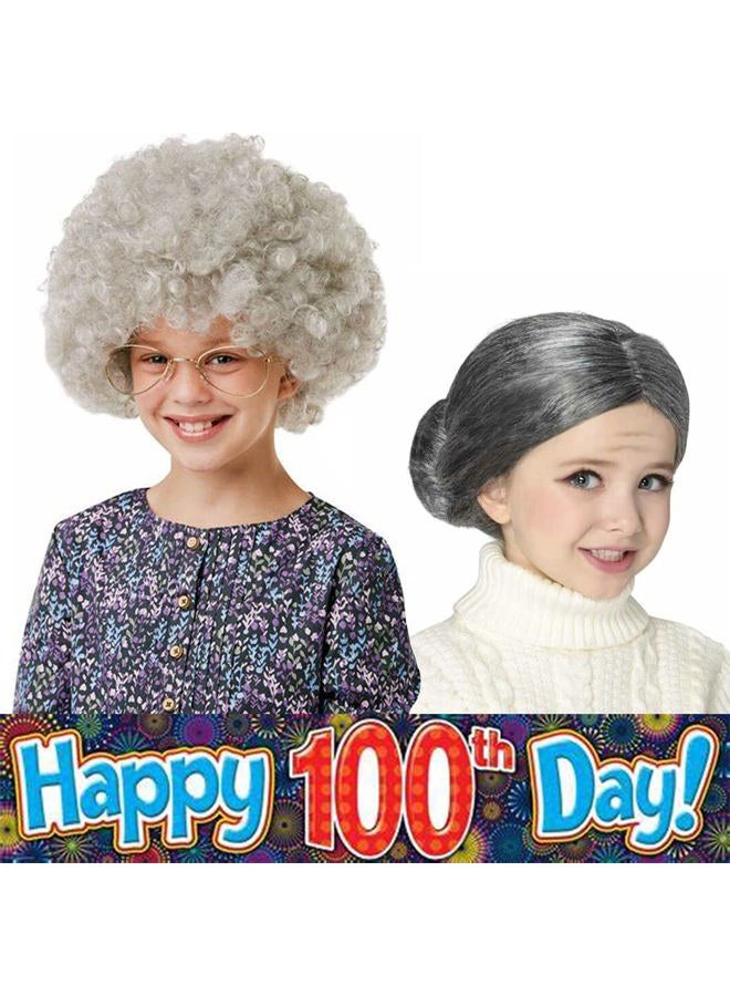Cupohus Old Lady Costume Set Grandma Wig 100 Days of School Costume Madea Granny Glasses Eyeglass Chains Cords Faux Pearl Bead Necklace Old Lady Cosplay Set 5 Pieces (Silver White Afro) - Image 5