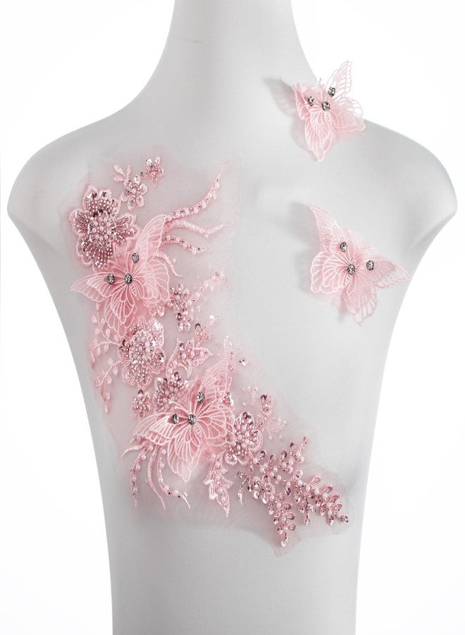 FixrWre Butterfly Fabric Rhinestones Beaded Lace Applique,3D Embroidered Lace Fabric Patch for Clothes，Dress(Pink) - Image 1