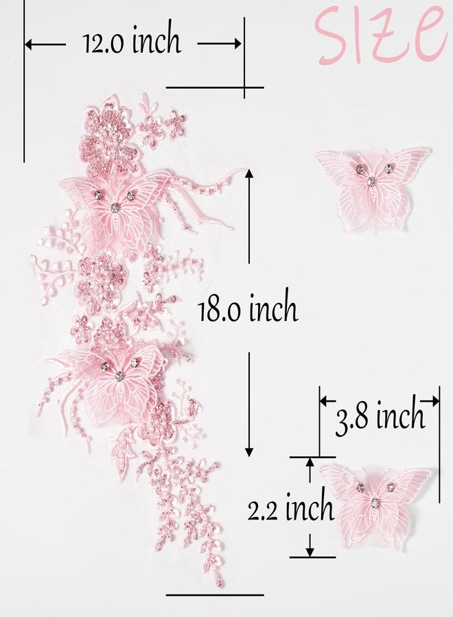 FixrWre Butterfly Fabric Rhinestones Beaded Lace Applique,3D Embroidered Lace Fabric Patch for Clothes，Dress(Pink) - Image 2