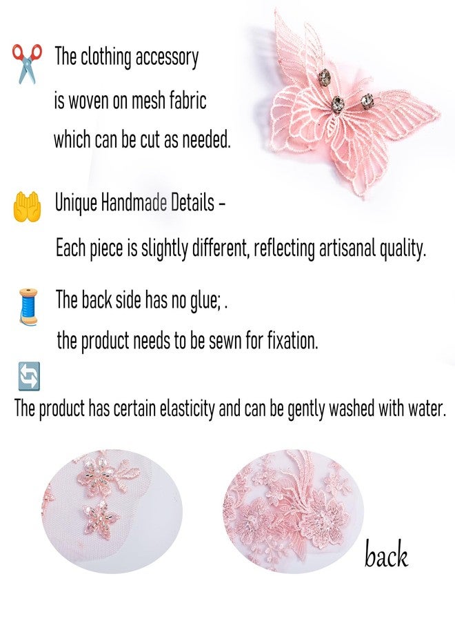 FixrWre Butterfly Fabric Rhinestones Beaded Lace Applique,3D Embroidered Lace Fabric Patch for Clothes，Dress(Pink) - Image 5