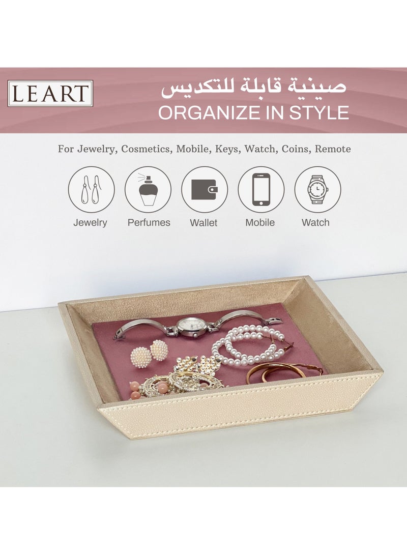 لي آرت منظم مجوهرات من الجلد - منظم مجوهرات | صينية زينة | صينية تنظيم مجوهرات | حامل للمكتب والسرير لتخزين المجوهرات ومستحضرات التجميل والمفاتيح والعملات المعدنية والساعات (وردي)  - Image 5