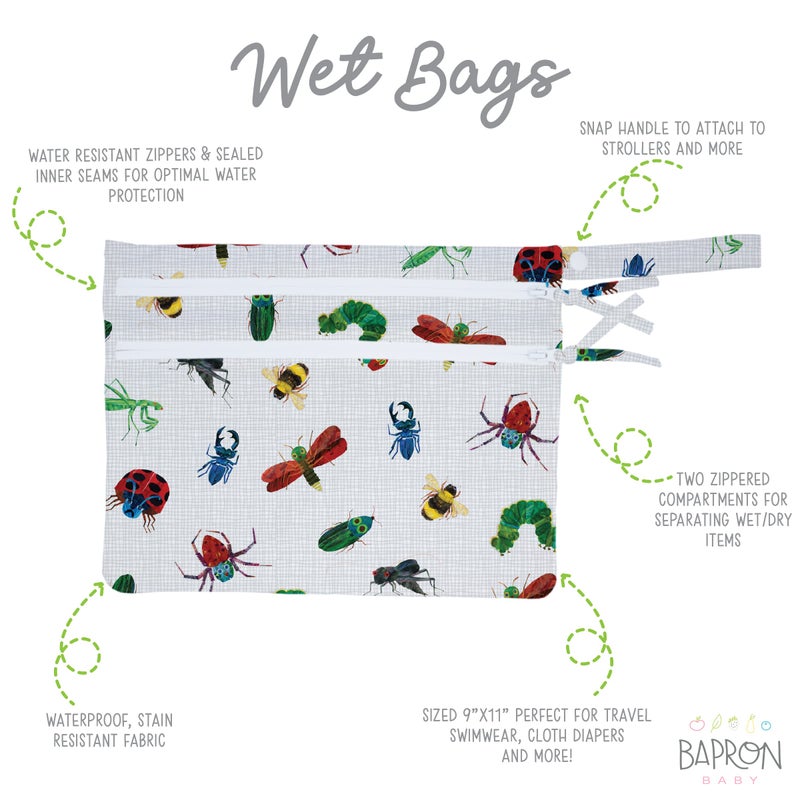 BapronBaby Eric Carle Bug World Wet Dry Bag - Waterproof Two Zipper Pockets - Reusable for Mealtime, Diapers, Stroller, Snacks, Swimsuits - Machine Washable - 11" x 9" - Image 2