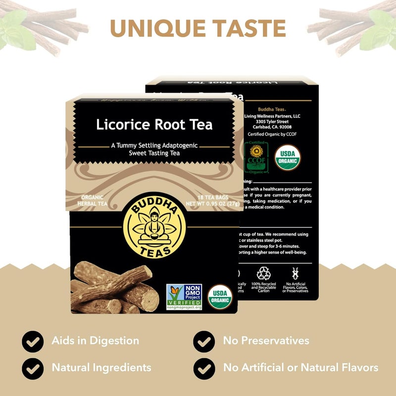 BUDDHA TEAS شاي جذر العرقسوس العضوي من بودا تي - خالي من الكافيين، كوشير، وخالي من الكائنات المعدلة وراثيًا - 18 كيس شاي خالي من التبييض - Image 2