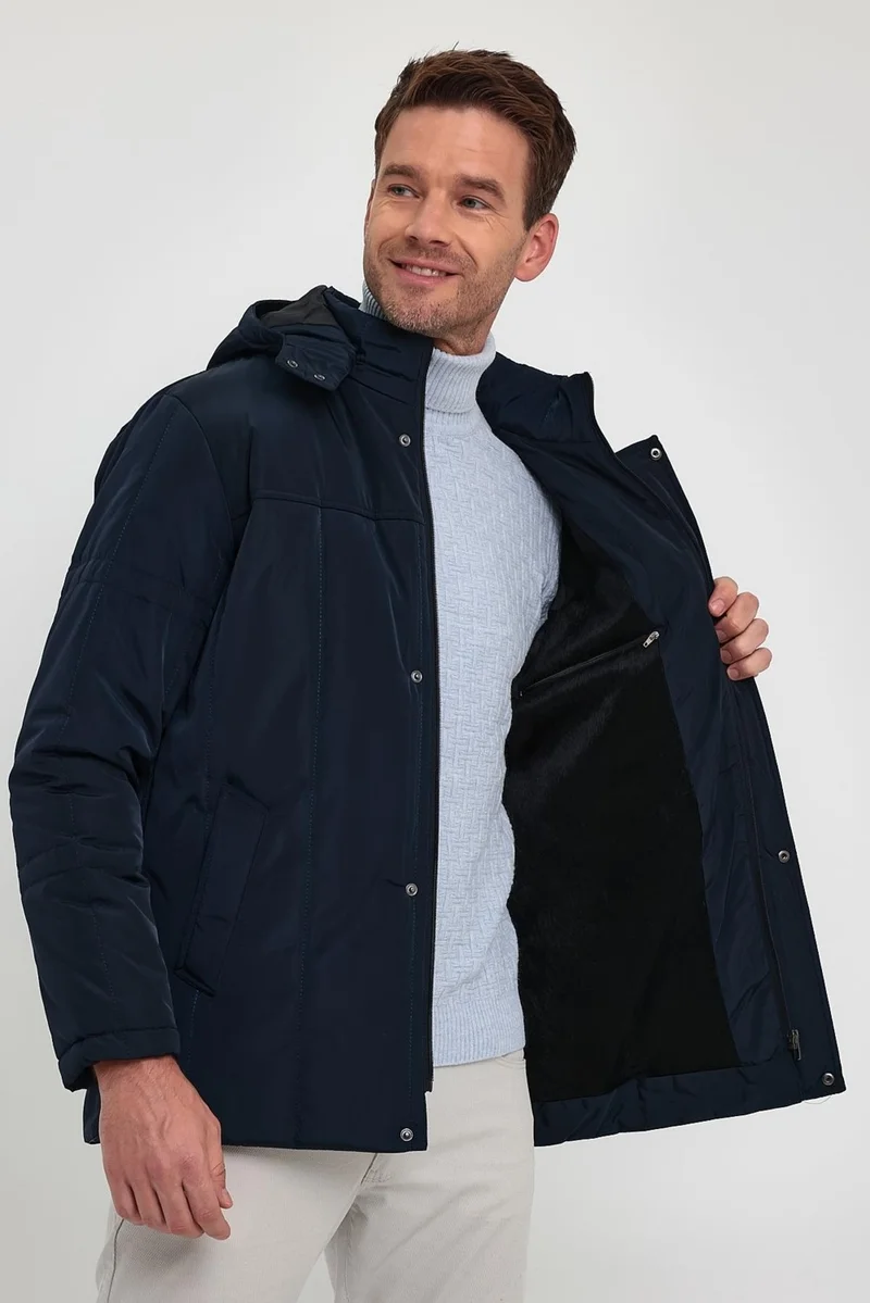 Sivaist Men's Navy Blue Standard Fit Regular Cut Pullover Hood Stand Collar Coat