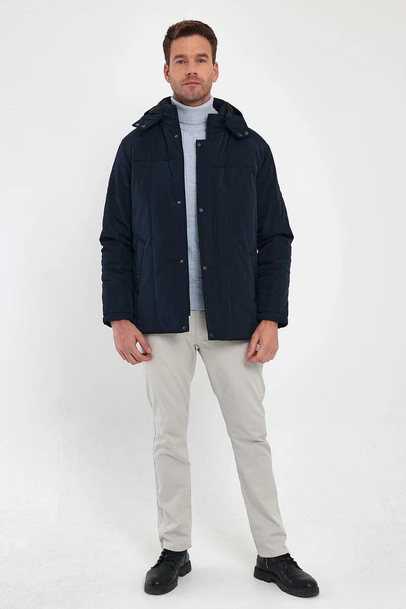 Sivaist Men's Navy Blue Standard Fit Regular Cut Pullover Hood Stand Collar Coat