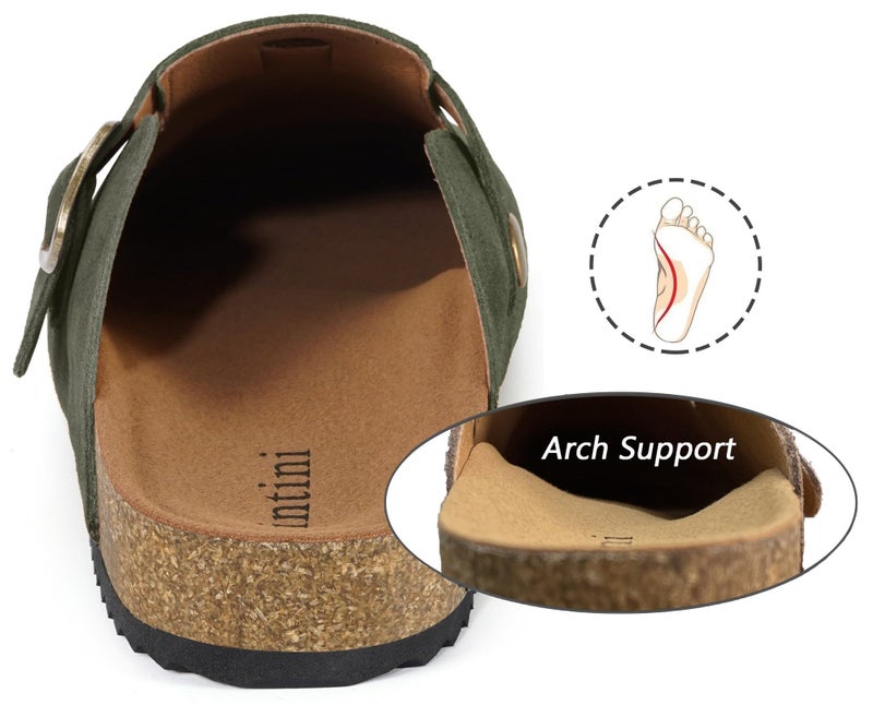 Intini Unisex Suede Leather Clogs Mules Mens Womens Cork Footbed House Slipers with Arch Support and Adjustable Buckle Army Green - Image 3