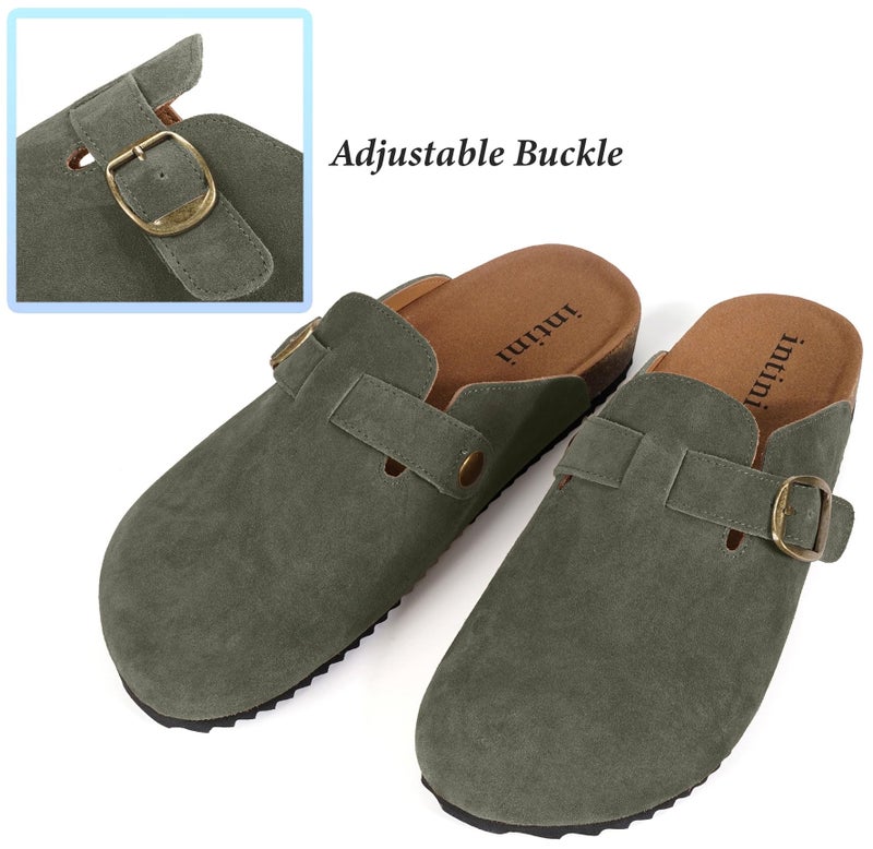 Intini Unisex Suede Leather Clogs Mules Mens Womens Cork Footbed House Slipers with Arch Support and Adjustable Buckle Army Green - Image 5