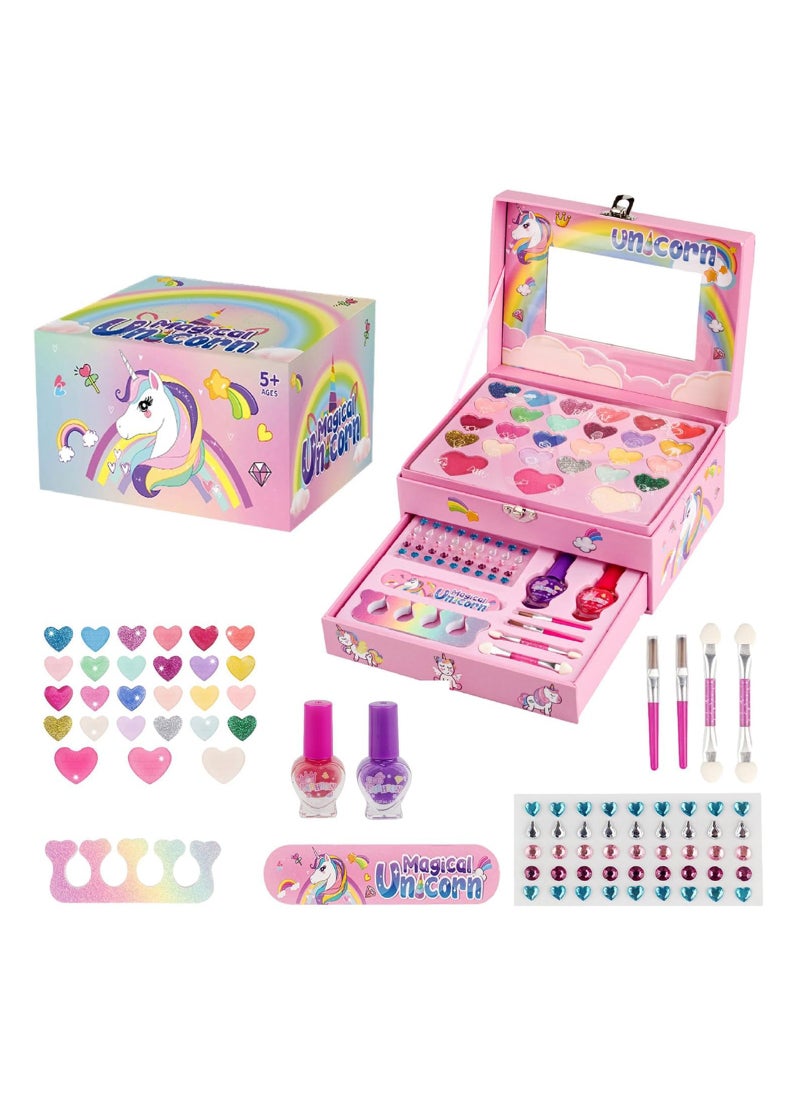 DMG TECH Kids Makeup Kit for Girls, 37PCS Washable Makeup Kit, Fold Out Makeup Palette with Mirror, Non Toxic Pretend Makeup for Girls, Unicorn Makeup set for Kids, Princess Cosmetic Girls Toys for 5+ Year Old  - Image 1