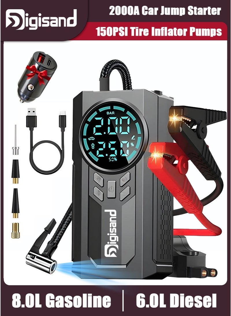 Digisand 4-IN-1 Jump Starter 2000A Portable Cordless Car Battery Emergency Starter 150PSI Tire Air Pump Air Compressor, 8500mAh Power Bank, Auto Battery Booster To Easily Inflate Tires, LED Display, Flashlight, Mobile Power Supply, Large Capacity Storage with Car Charger. - Image 1