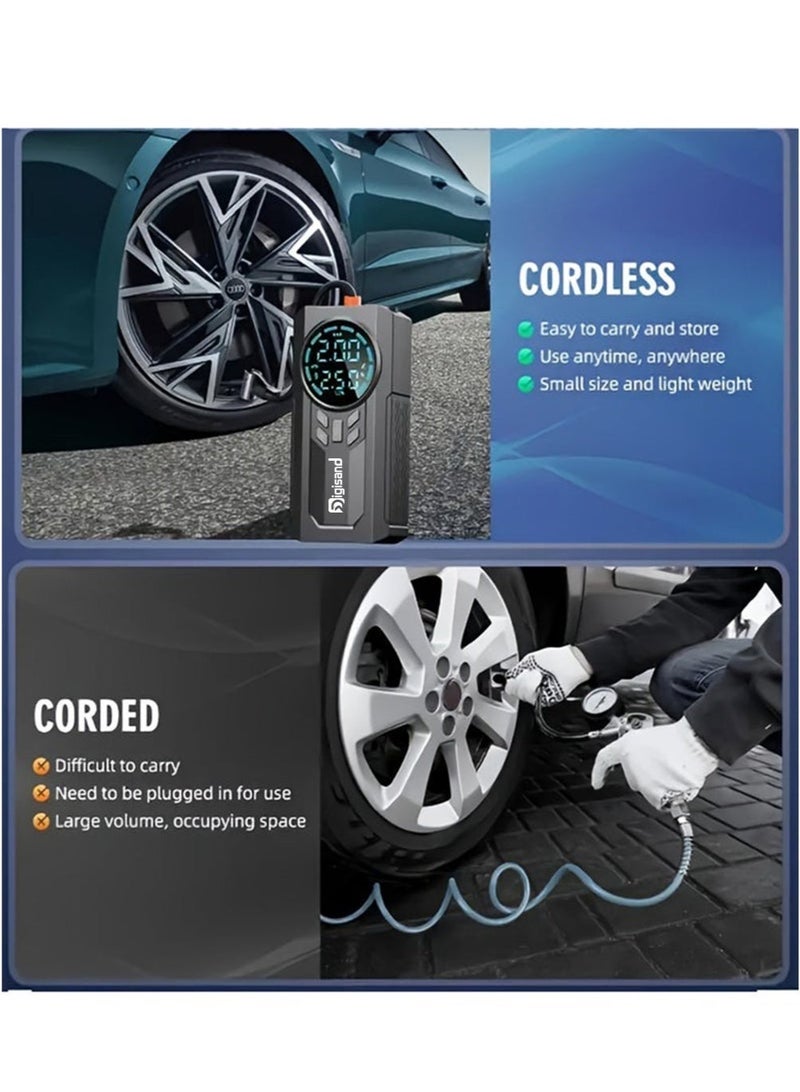 Digisand 4-IN-1 Jump Starter 2000A Portable Cordless Car Battery Emergency Starter 150PSI Tire Air Pump Air Compressor, 8500mAh Power Bank, Auto Battery Booster To Easily Inflate Tires, LED Display, Flashlight, Mobile Power Supply, Large Capacity Storage with Car Charger. - Image 4