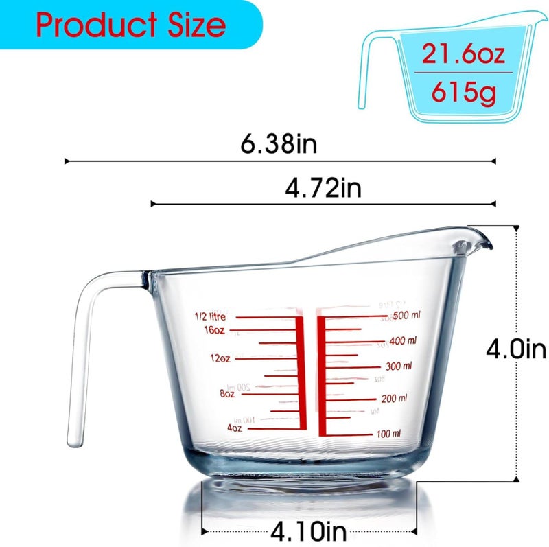 Incrizma 500ml Glass Measuring Cup, Heighten Spout for Easy Pouring, Clear with Red Measurements | Measuring Cups for Baking and Cooking, Glass Measuring Cups Measuring Jugs for Kitchen - Image 3