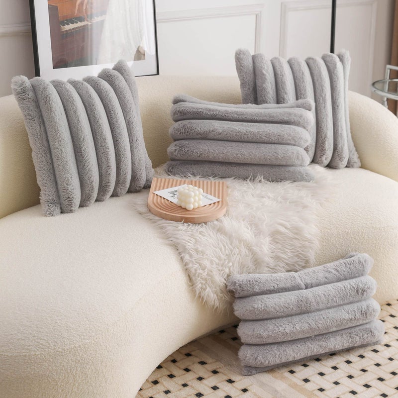 Neelvin Grey Faux Fur Cozy Soft Striped Decorative Throw Pillow Covers 18x18 inch Set of 2,Velvet Pillowcase Cushion Case for Sofa Couch - Image 4