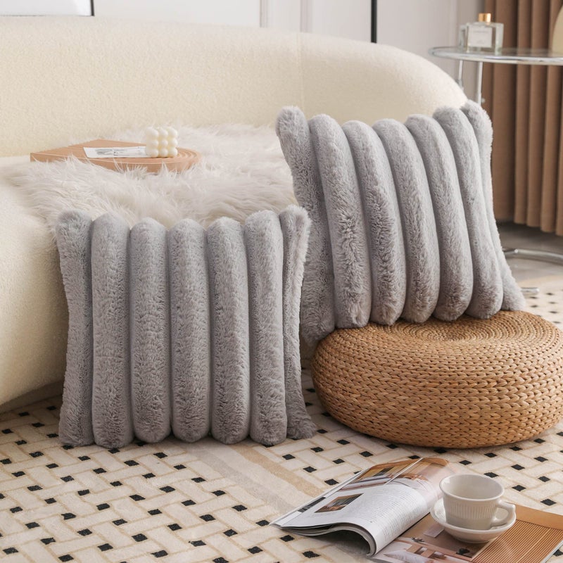 Neelvin Grey Faux Fur Cozy Soft Striped Decorative Throw Pillow Covers 18x18 inch Set of 2,Velvet Pillowcase Cushion Case for Sofa Couch - Image 3