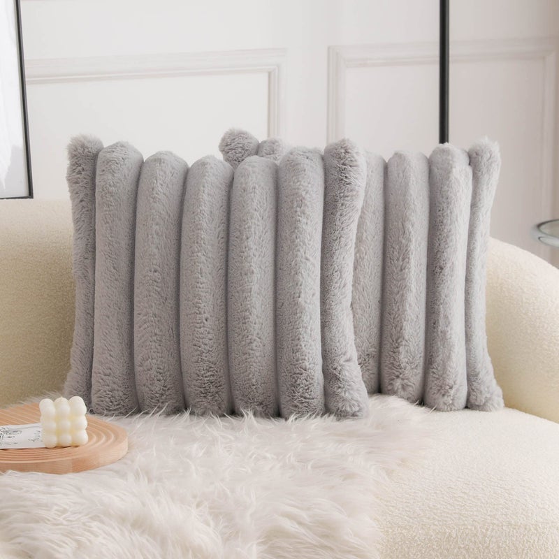 Neelvin Grey Faux Fur Cozy Soft Striped Decorative Throw Pillow Covers 18x18 inch Set of 2,Velvet Pillowcase Cushion Case for Sofa Couch - Image 1