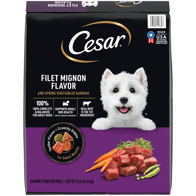 Cesar Small Breed Dry Dog Food for Small Dogs, Filet Mignon Flavor and Spring Vegetables Garnish, 12 lb Bag - Image 1
