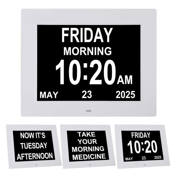 8 INCH DEMENTIA CLOCK FOR SENIORS LARGE DISPLAY CALENDAR WITH DATE LARGE DIGITAL CALENDAR DAY WEEK 3 MEDICATION REMINDERS 5 ALARMS SD CARD VIDEO WALL MOUNTABLE DETACHABLE STANDWHITE SD