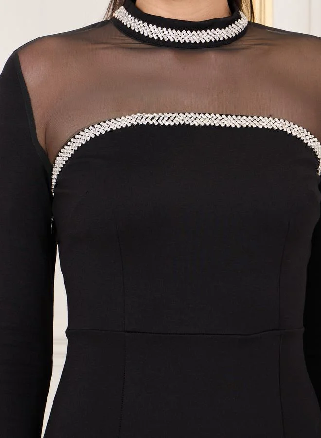 ستايلي Embellished High Neck Faux Feather Trim Sleeves Bodycon Dress