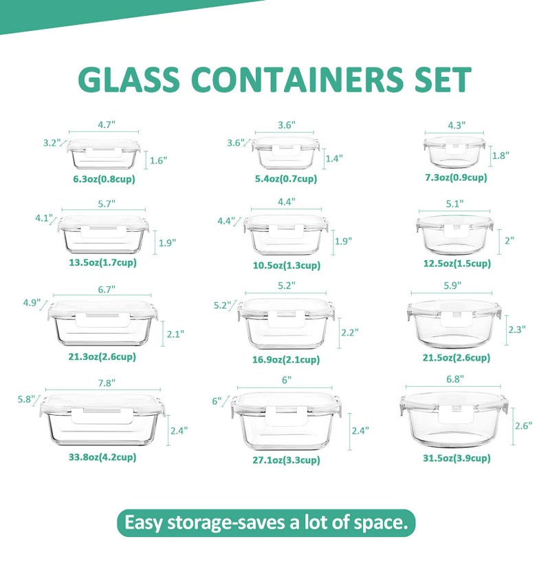 KOMUEE 24 Pieces Glass Food Storage Containers Set Glass Meal Prep Containers-Stackable Airtight Glass Storage Containers with lids Freezer to Oven Safe White - Image 2