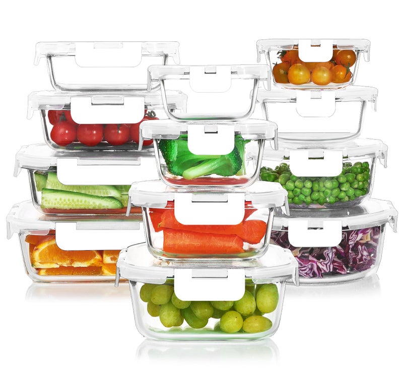 KOMUEE 24 Pieces Glass Food Storage Containers Set Glass Meal Prep Containers-Stackable Airtight Glass Storage Containers with lids Freezer to Oven Safe White - Image 1