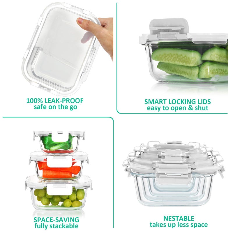 KOMUEE 24 Pieces Glass Food Storage Containers Set Glass Meal Prep Containers-Stackable Airtight Glass Storage Containers with lids Freezer to Oven Safe White - Image 3
