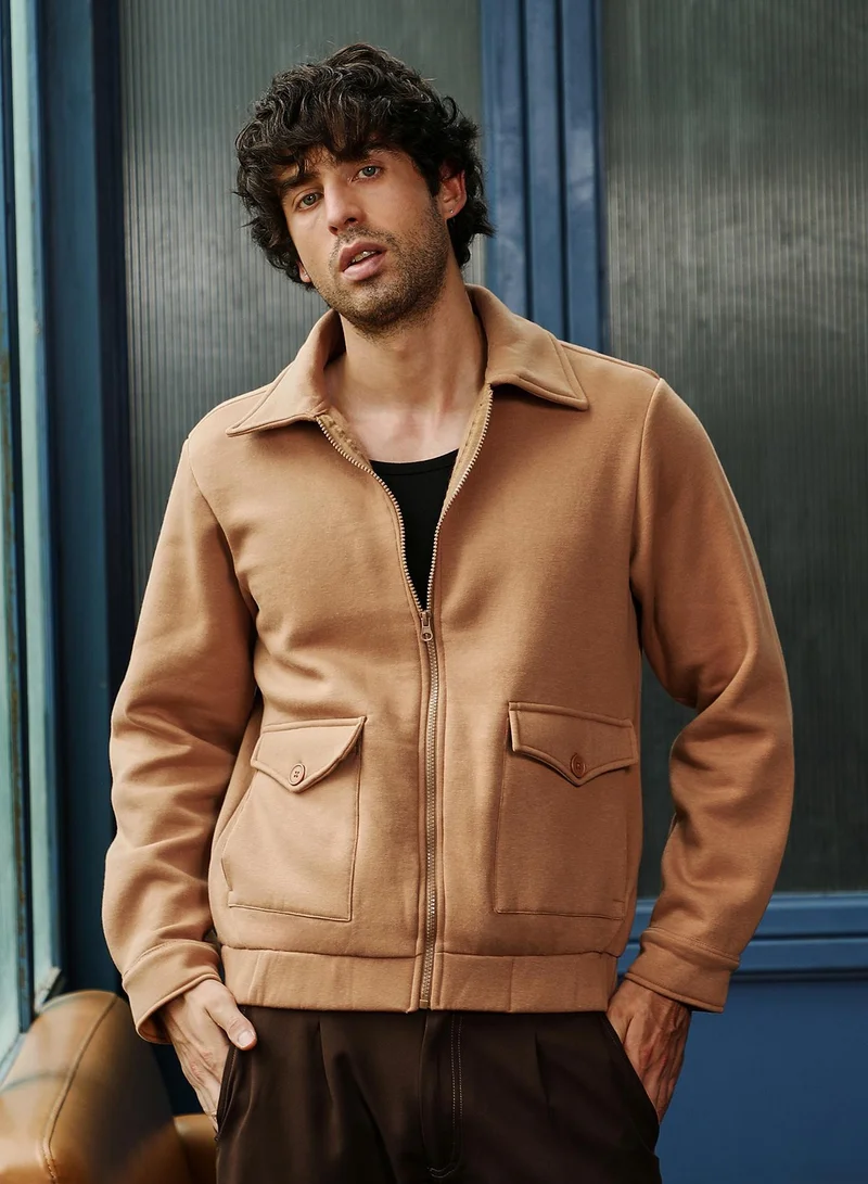 كامبوس سوترا جاكيت رجالي محبوك بسحاب أمامي بياقة مدببة وأكمام طويلة بأزرار وأساور، سحاب وحافة مستقيمة مرنة، لون سادة، قماش محبوك للاستخدام اليومي والكاجوال، برتقالي صدئ