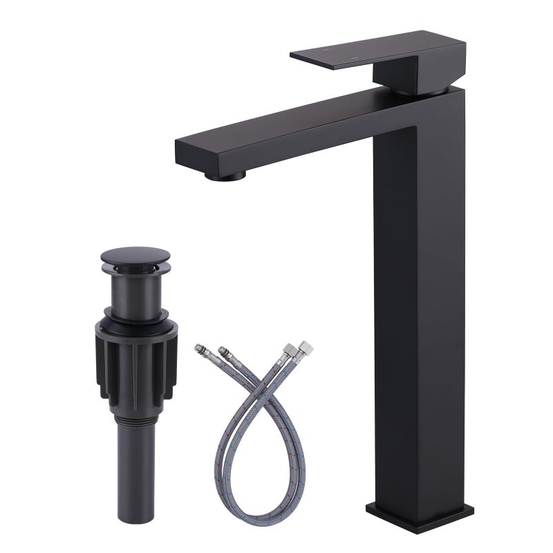 Vessel Sink Faucet Matte Black ARCORA Single Handle Tall Bathroom Faucet Single Hole Lavatory Vanity Mixer Tap with Pop Up Drain and Faucet Supply Lines