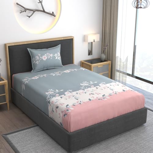 AMEYAA 350 TC Cotton Feel Glace Cotton All Around Elastic Fitted Bedsheets Single Size Premium Super Soft Fitted Bedsheet Single Size with 1 Pillow Cover Fits Up to 6 to 8 Inches, 78 x 48 Grey&Pink - Image 1