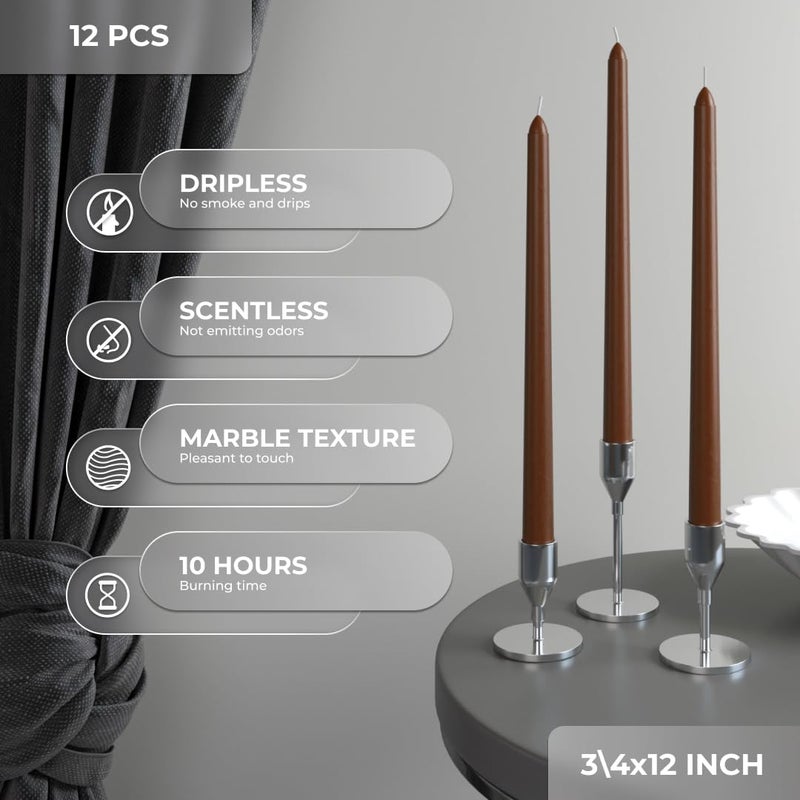CANDWAX CANDWAX 12 inch Taper Candles Set of 12 - Dripless and Smokeless Candle Unscented - Slow Burning Candle Sticks - Brown Candle Taper  - Image 3