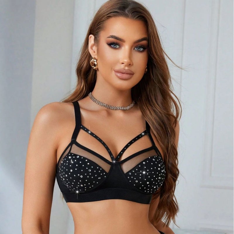 Sexy Bra Set with Shiny Diamonds, Hollow Mesh, and Push-Up Design - Women's Intimate Lingerie - Image 4
