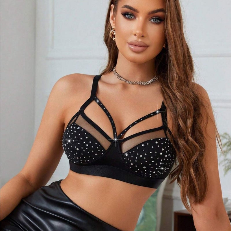 Sexy Bra Set with Shiny Diamonds, Hollow Mesh, and Push-Up Design - Women's Intimate Lingerie - Image 3