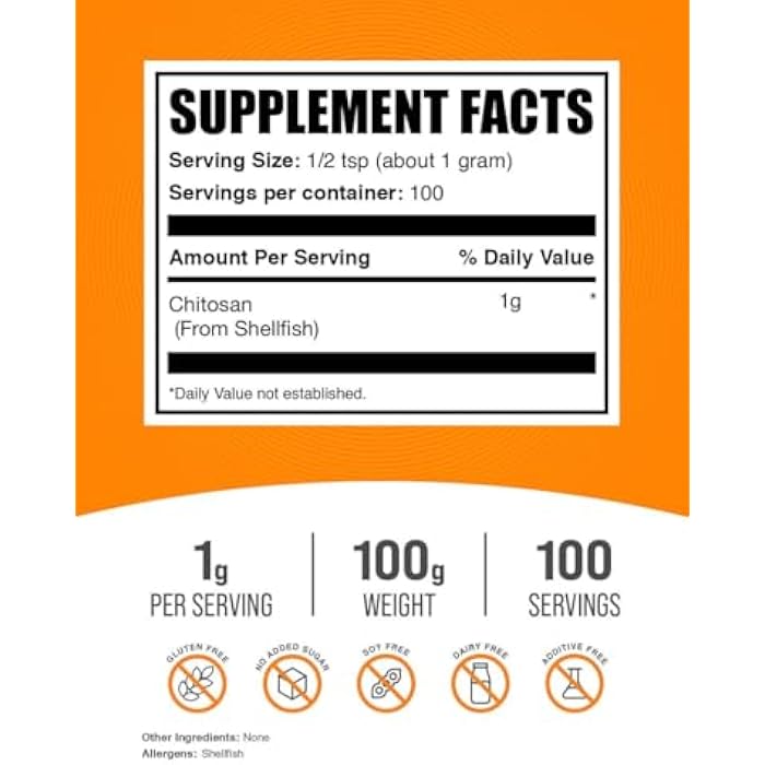 BulkSupplements.com Chitosan Powder - Chitosan 1000mg Supplements - Food Grade & Gluten Free, 1g per Serving, 100g (3.5 oz) (Pack of 1) - Image 2