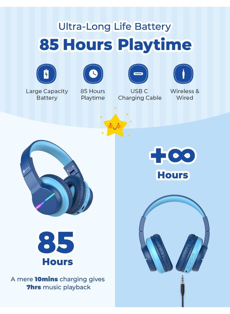 iClever Bluetooth Kids Headphones, BTH12 Colorful LED Lights Kids Wireless Headphones Over Ear with 74/85dBA Safe Volume, 85H Playtime, Bluetooth 5.2, Built-in Mic for iPad/School/Tablet/PC/Game - Image 2