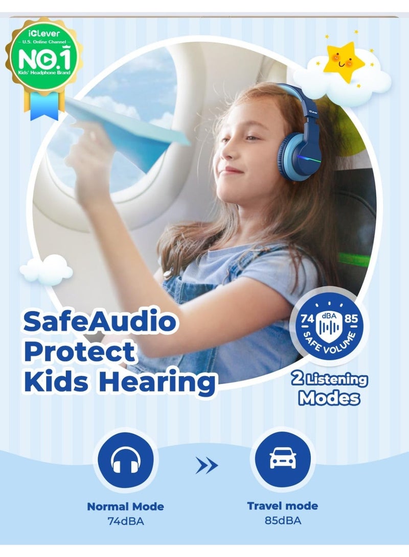 iClever Bluetooth Kids Headphones, BTH12 Colorful LED Lights Kids Wireless Headphones Over Ear with 74/85dBA Safe Volume, 85H Playtime, Bluetooth 5.2, Built-in Mic for iPad/School/Tablet/PC/Game - Image 5