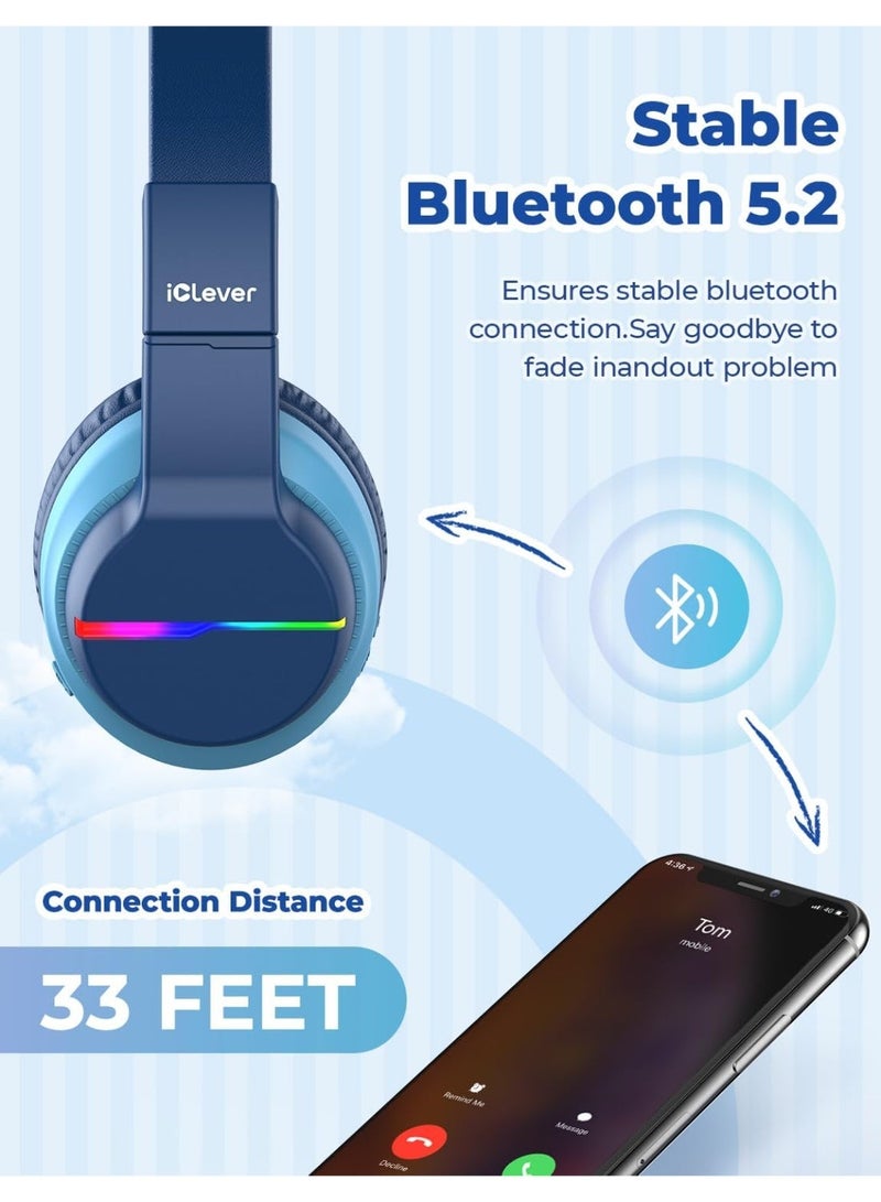 iClever Bluetooth Kids Headphones, BTH12 Colorful LED Lights Kids Wireless Headphones Over Ear with 74/85dBA Safe Volume, 85H Playtime, Bluetooth 5.2, Built-in Mic for iPad/School/Tablet/PC/Game - Image 3