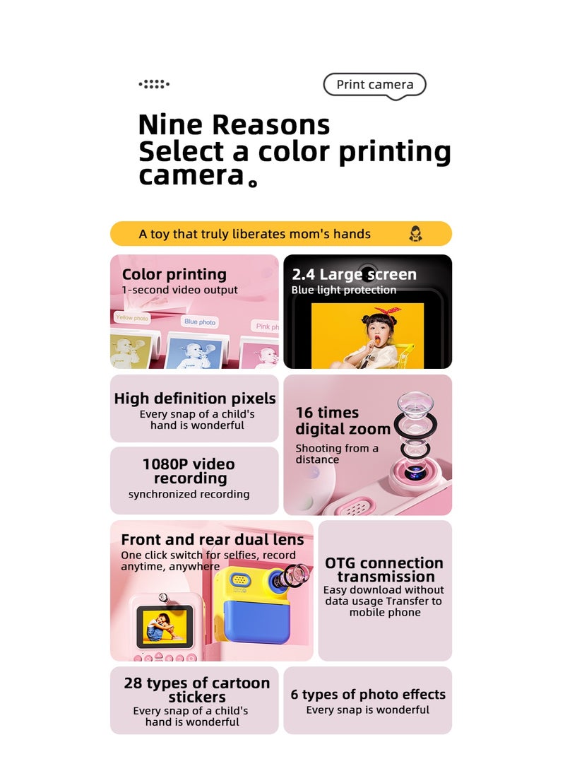 Instant Color Printing Camera for Kids,Instant Color Printing Camera for Girls Boys,Kids Camera Toys for Toddler 1080P HD Selfie Digital Camera with Print Paper & 32G Card,Birthday Gifts for Age 3-12 Years Old - Image 2