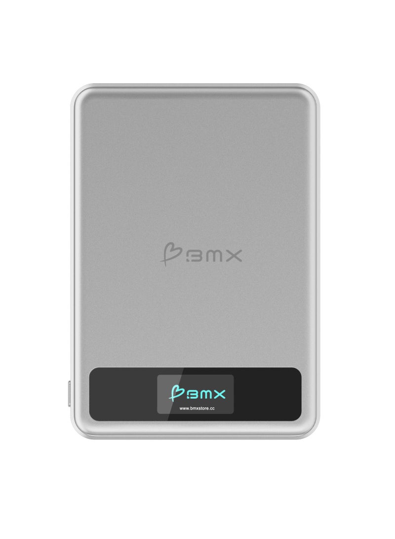 BMX SolidSafe™ 5K Magnetic Power Bank | Solid State Technology, Safe and Efficient, TSA Flight Approved, 15W/20W Wireless/Wired, USB-C Fast Charging, Info Display, Compact & Lightweight - Silver - Image 1