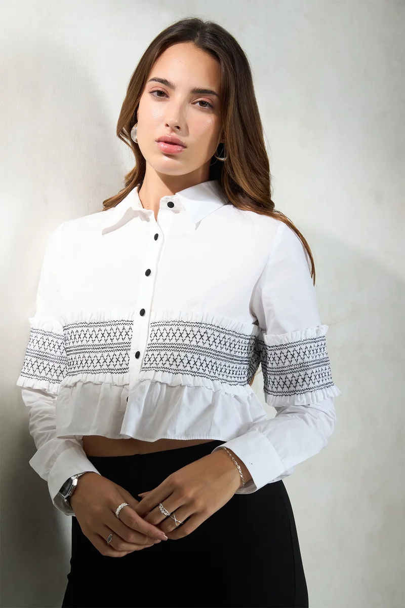 Virgio Solid Cotton Smocked Crop Shirt for Women