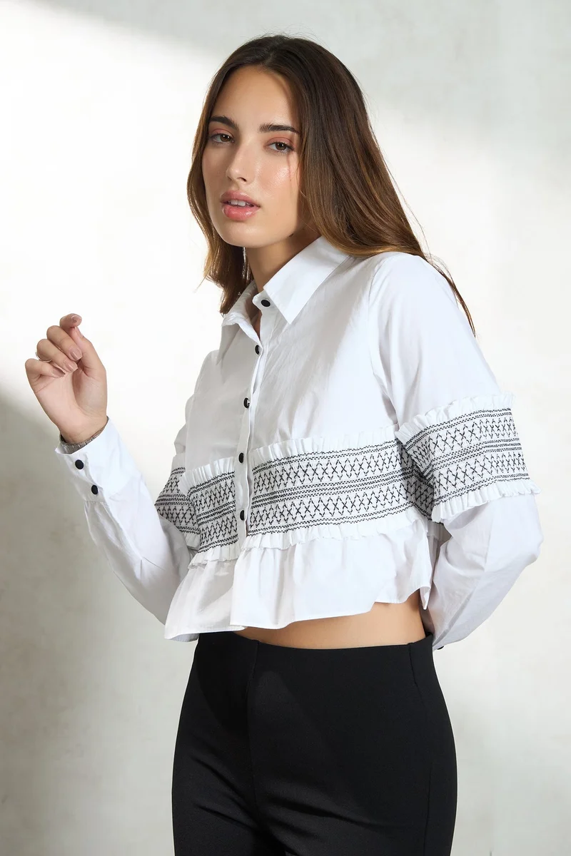 Virgio  Solid Cotton Smocked Crop Shirt for Women for Women | Best Price UAE
