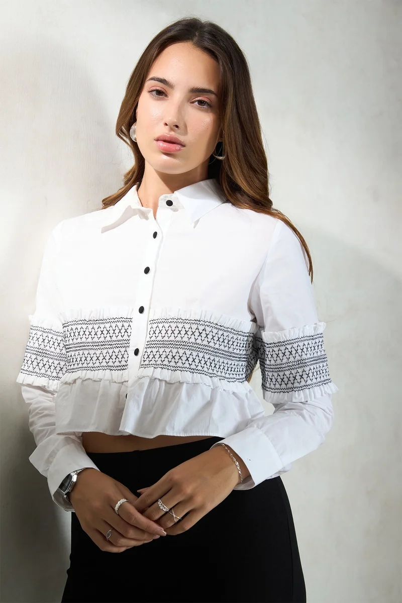 فيرجيو Solid Cotton Smocked Crop Shirt for Women
