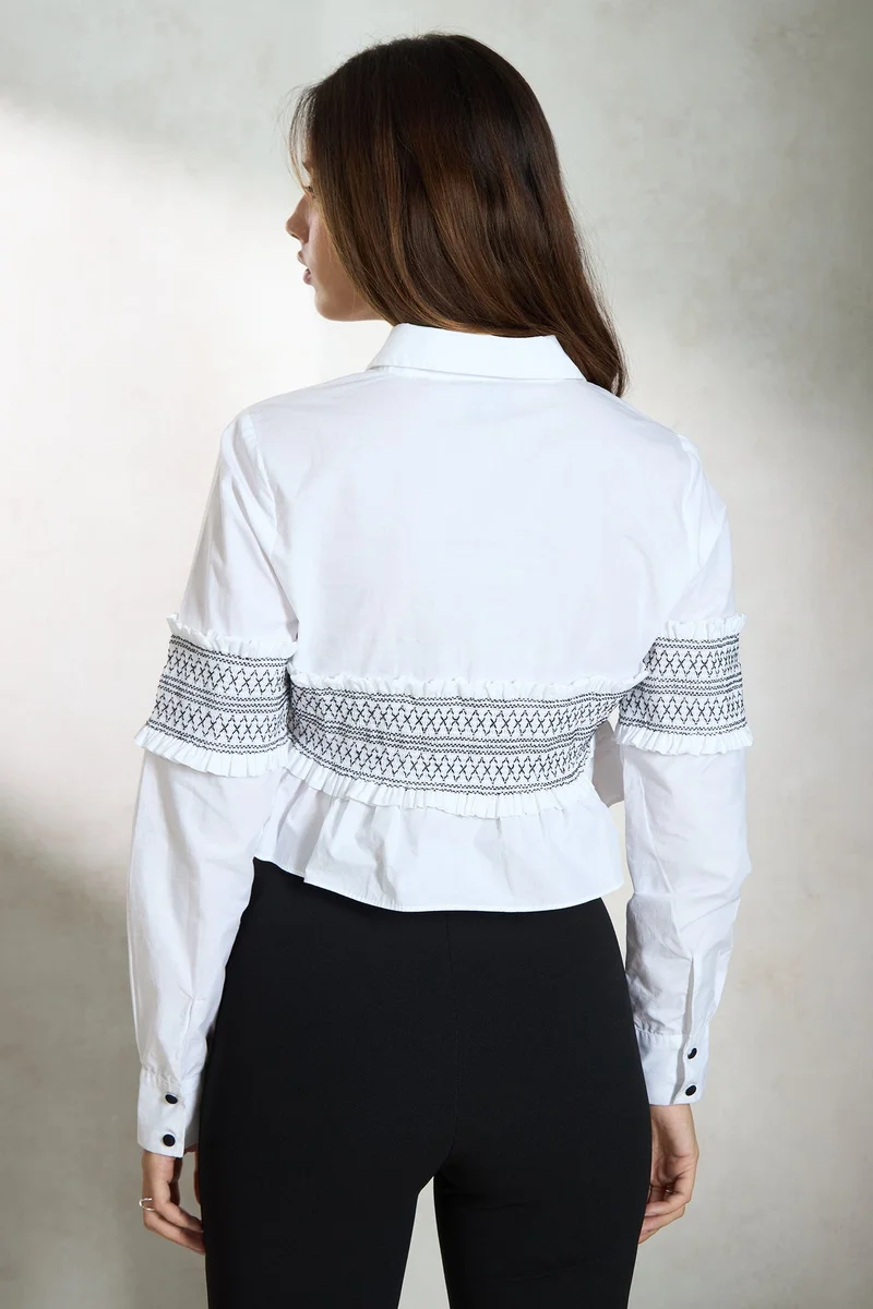 Virgio  Solid Cotton Smocked Crop Shirt for Women for Women | Best Price UAE