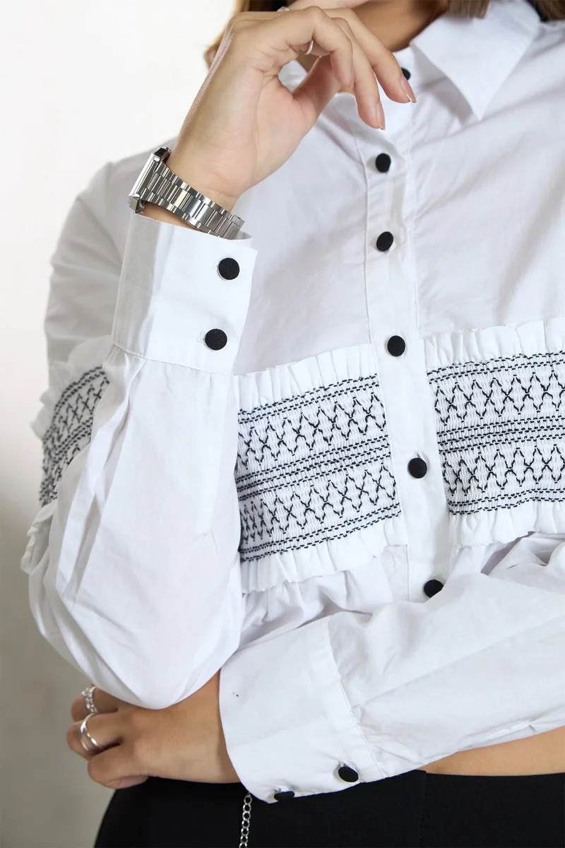 Virgio  Solid Cotton Smocked Crop Shirt for Women for Women | Best Price UAE