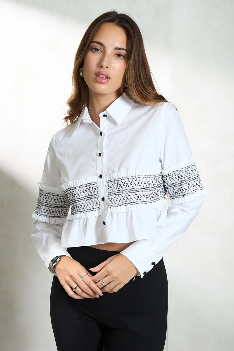 فيرجيو Solid Cotton Smocked Crop Shirt for Women