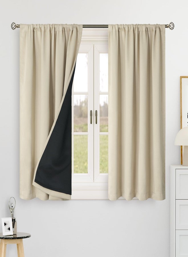 BGment Beige 100% Blackout 48 Inch Curtains for Small Window, Rod Pocket and Back Tab Double Layer Black Out Thermal Insulated Room Darkening Curtain for Kitchen, 2 Panels, Each 42 x 48 Inch - Image 2